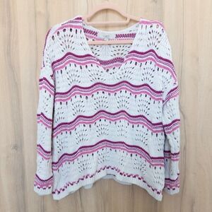 Loft Womens Crochet Knit Sweater Size L White Pink Chevron Boho Cottage Romantic